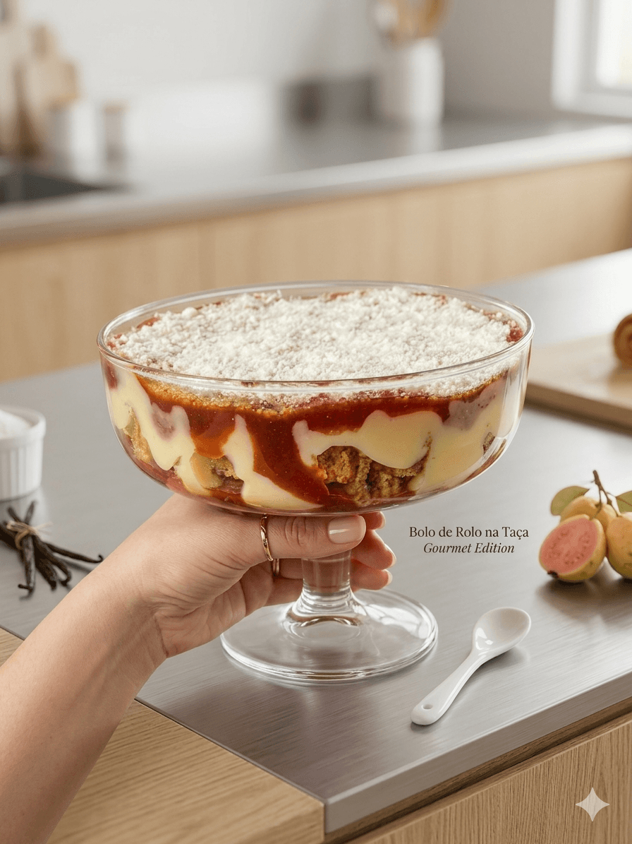 Bolo de rolo servido em taça grande